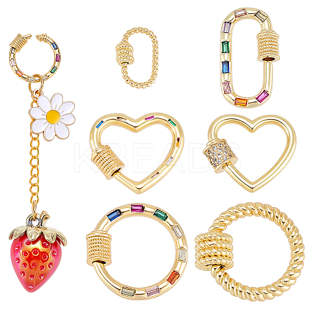 6Pcs 6 Styles Brass Micro Pave Cubic Zirconia Screw Carabiner Lock Charms KK-GA0002-02-1