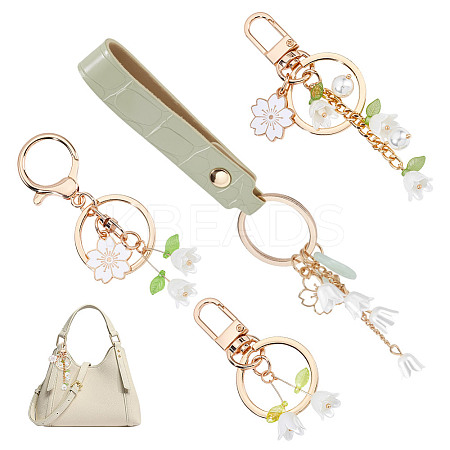 4Pcs 4 Styles Alloy Flower Keychains with Resin Lily of the Valley Pendant AJEW-NB0007-02-1