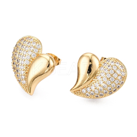 Left and Right Heart Brass Pave Clear Cubic Zirconia Stud Earrings EJEW-M258-040G-1