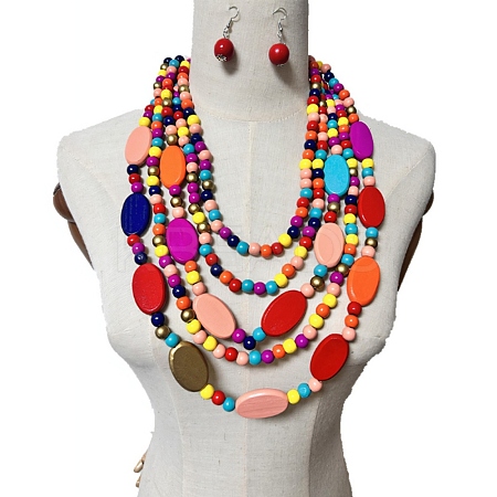 Handmade Wood Beads Multi-Layer Necklaces & Boho Dangle Earrings Set SJEW-A001-01A-1
