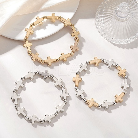 3Pcs CCB Plastic Cross & Round Beaded Stretch Bracelets for Women Men BJEW-JB13304-1
