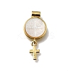Brass Pave Natural White Shell Flat Round with Cross Pendants KK-C090-40G-05-1