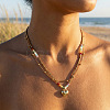 Rainbow Natural Mixed Stoned Beaded Double Layer Necklaces with Stainless Steel Heart Pendant for Beach Vacation KB9378-1-1