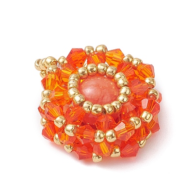 Dyed Natural Mashan Jade & Glass Seed Beaded Flat Round Pendants PALLOY-MZ00950-04-1