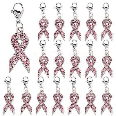 20Pcs Awareness Ribbon Shaped Alloy Rose Rhinestone Pendant Decorations HJEW-FH00186-1