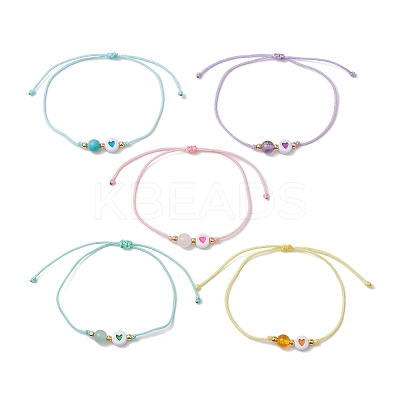 6mm Round Gemstone & Acrylic Enamel Heart Braided Bead Bracelets for Women BJEW-JB10773-1