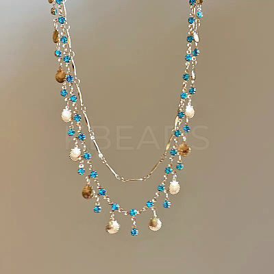 Alloy Indicolite Rhinestone Shell Shaped Tassel Double Layer Necklaces for Women FS-WG859AA-01-1
