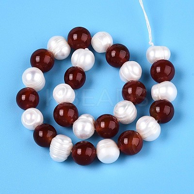 Natural Carnelian(Dyed & Heated) Round & Natural Cultured Freshwater Pearl Grooved Potato Beads Strands PEAR-N019-09-1
