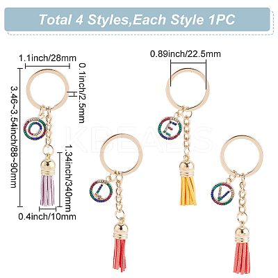 4Pcs 4 Styles Alloy Colorful Rhinestone Keychain KEYC-WR0001-25-1