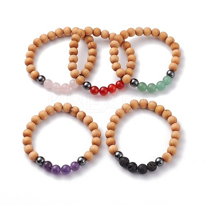Natural Wood Beads Stretch Bracelets BJEW-JB06516-1