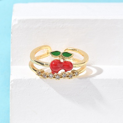 Brass Micro Pave Clear Cubic Zirconia Enamel Adjustable Cuff Rings for Women RJEW-G350-01F-G-1