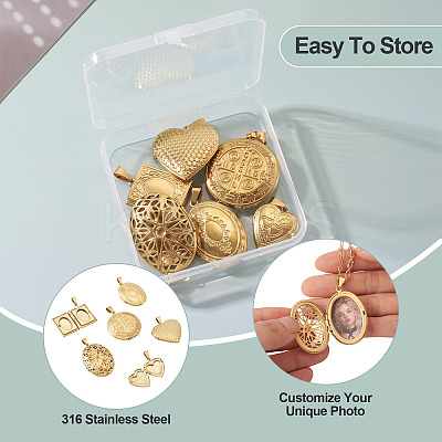 6 Pcs 6 Styles 316 Stainless Steel Locket Pendants STAS-TA0003-40-1