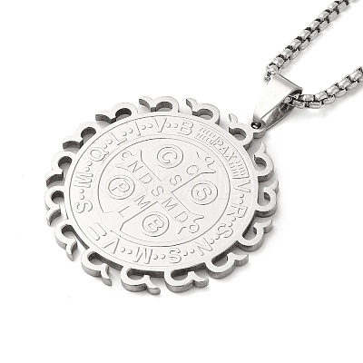 201 Stainless Steel Box Chain Saint Benedict Medal Pendant Necklaces for Women LS-NJEW-M008-01P-1