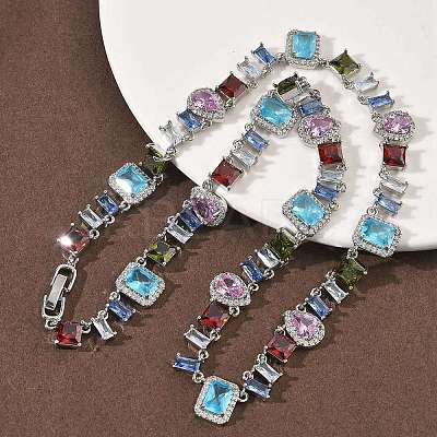 Brass Pave Colorful Cubic Zirconia Rectangle Square Teardrop Tennis Necklaces NJEW-G183-09P-1