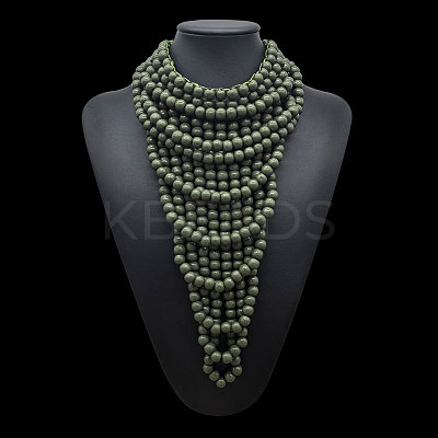 Round Wood Beaded  Multi Layered Bib Necklaces for Women FS-WG9E278-07-1