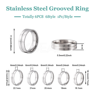 6Pcs 6 Style 202 & 201 Stainless Steel Stainless Steel Grooved Finger Ring for Men Women RJEW-YS0001-01-1
