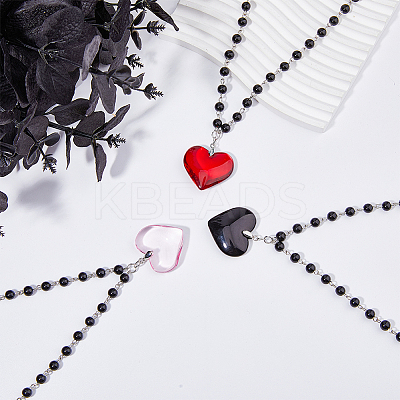 3Pcs 3 Colors Glass Heart Pendant Necklaces Set with Plastic Beaded Chains NJEW-FI0001-40-1