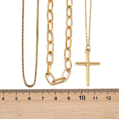 304 Stainless Steel Cross Pendant 3 Layer Necklaces for Women NJEW-F343-02G-1