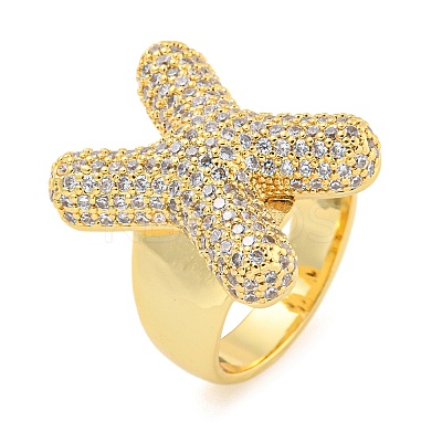 Brass Micro Pave Clear Cubic Zirconia Letter Open Cuff Ring for Women RJEW-M173-01G-X-1