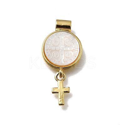 Brass Pave Natural White Shell Flat Round with Cross Pendants KK-C090-40G-05-1