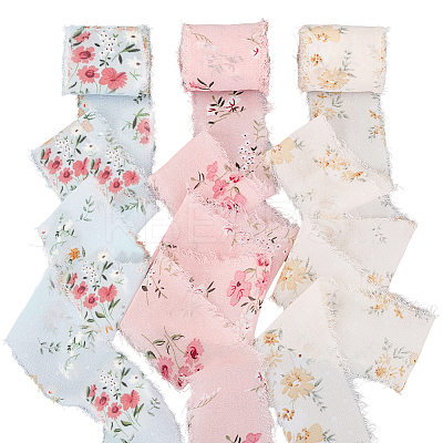 3 Rolls 3 Colors Polyester Fringe Flower Printed Ribbon OCOR-CP0001-17-1