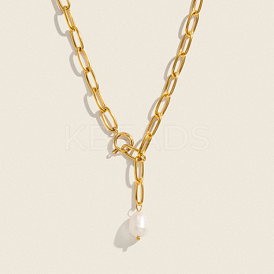 Minimalist Natural Freshwater Pearl Y-shaped Pendant Lariat Necklace 304 Stainless Steel Jewelry EE6125-1
