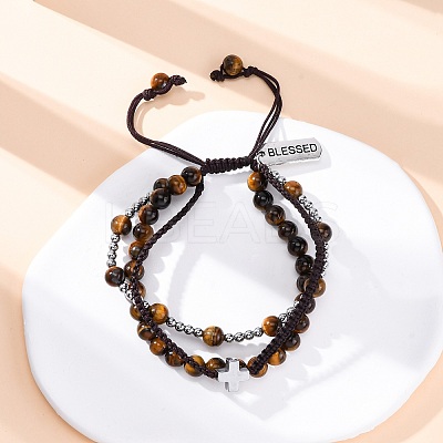 Adjustable Natural Tiger Eye & Hematite Braided Bead Bracelets BJEW-U035-01B-1