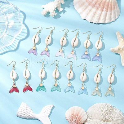 7 Pairs Natural Cowrie Shell Glass Dangle Earrings EJEW-JE06385-1
