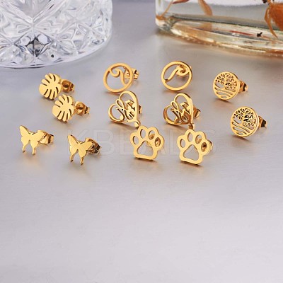 6 Pairs 6 Style Butterfly & Leaf & Tree of Life & Cat Claw Print & Music Note & Wave 316 Surgical Stainless Steel Stud Earrings for Women JE932A-1