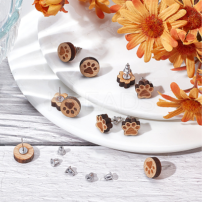 6 Pairs 2 Style Paw Print Wood Stud Earrings with Steel Iron Pins EJEW-SC0001-46-1