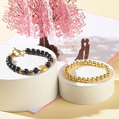 Natural Lava Rock & Synthetic Black Stone Round Beads Energy Stretch Bracelets Set BJEW-JB06969-1