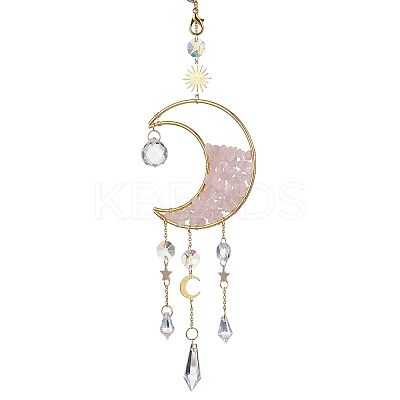 Wire Wrapped Natural Rose Quartz Chip & Brass Moon Pendant Decorations HJEW-JM01504-01-1