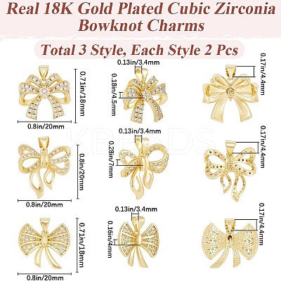 6Pcs 3 Styles Rack Plating Brass Micro Pave Clear Cubic Zirconia Pendants KK-BBC0015-26-1