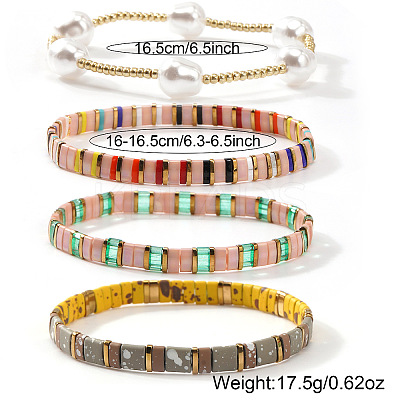 5Pcs Glass Seed Bead & Brass Beads Stretch Bracelets for Women GJ3337-1-1