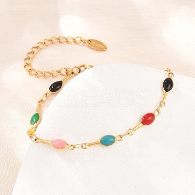 304 Stainless Steel Enamel Teardrop Link Chain Bracelets for Women BJEW-D460-12G-1