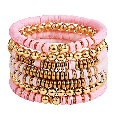 Synthetic Hematite & Polymer Clay Heishi Beads Stretch Bracelets Set BJEW-PH01487-01-1