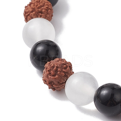 Natural Rudraksha & Selenite & Eyeless Obsidian Beaded Stretch Bracelets BJEW-JB10115-01-1