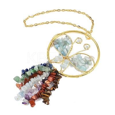 Butterfly Brass & Natural Aquamarine Pendant Decorations HJEW-Z007-04G-07-1