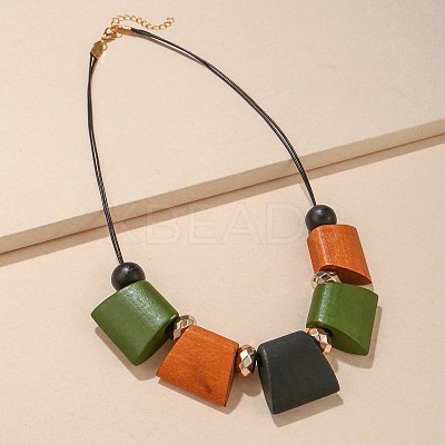 Bohemian Trapezoid Wood & CCB Plastic & Alloy Beaded Bib Necklaces for Women FS-WG0359B-01-1