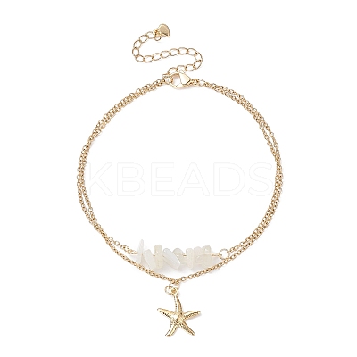 Natural White Moonstone Chips Beaded & Starfish Charms Double Layer Multi-strand Bracelet AJEW-AN00511-01-1