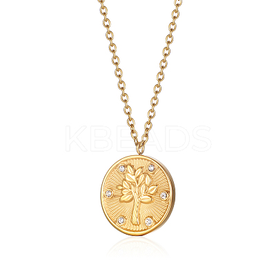 Stylish 304 Stainless Steel Crystal Rhinestone Flat Round with Tree Pendant Necklaces for Women LJ7158-2-1