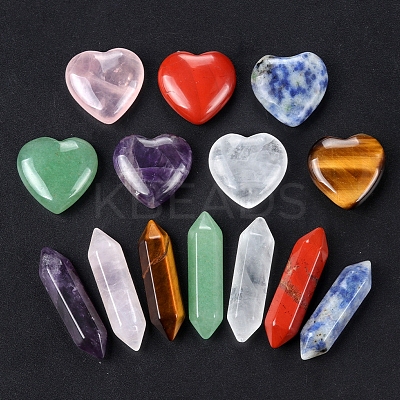14Pcs Chakra Heart & Hexagonal Prism Mixed Natural Gemstone Healing Stones Set PW-WG55180-01-1