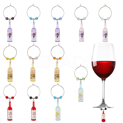 Resin Wine Bottle & Glass Beads Wine Glass Charms AJEW-GA00011-1