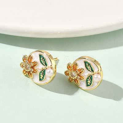 Oval with Flower Brass Micro Pave Cubic Zirconia Stud Earrings EJEW-P336-02G-1