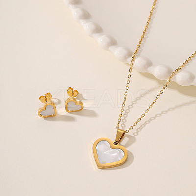 Sweet and Simple 201 Stainless Steel Shell Heart Pendant Necklace & Stud Earrings Set for Couples TZ9460-1-1
