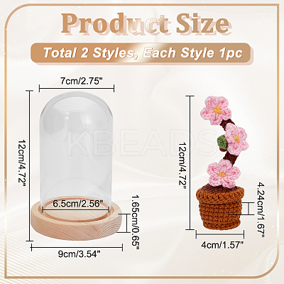 1 Set Glass Cloche Bell Jar Terrarium with 1Pc Handmade Knitting Crochet Artificial Plum Bossom Potted DJEW-WR0001-01C-1