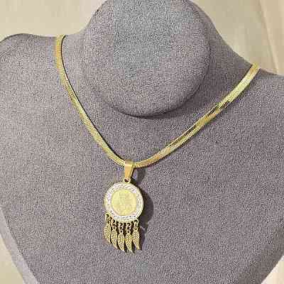 201 Stainless Steel Clear Cubic Zirconia Flat Round Virgin with Feather Pendant Necklaces NJEW-H055-04G-1