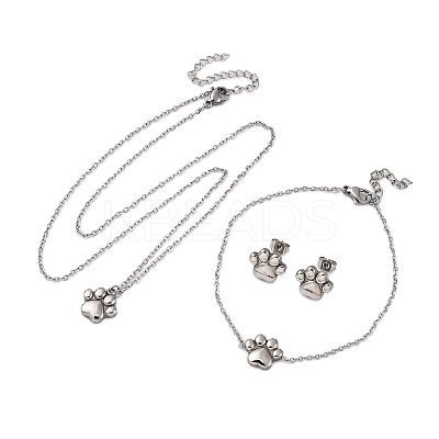 Dog Paw Print 304 Stainless Steel Pendant Necklaces & Bracelets & Stud Earrings Sets for Women SJEW-C004-20P-1