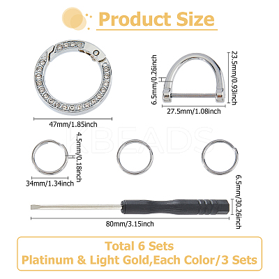 6 Sets 2 Colors Alloy Crystal Rhinestone Spring Gate Rings KEYC-HS0001-05-1
