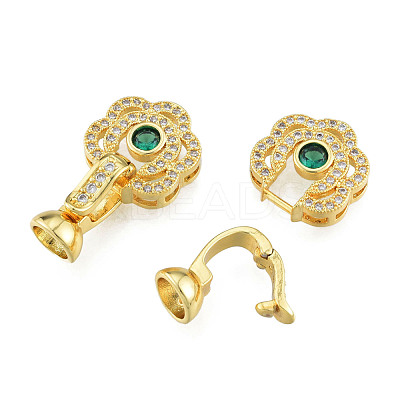 Brass Pave Clear & Green Cubic Zirconia Fold Over Clasps KK-N259-16-1